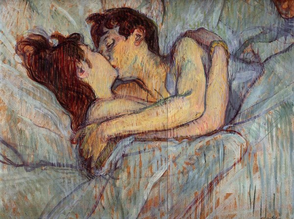 Painting by Henri de Toulouse-Lautrec. Dans le lit, le baiser. In bed, the kiss. 1892