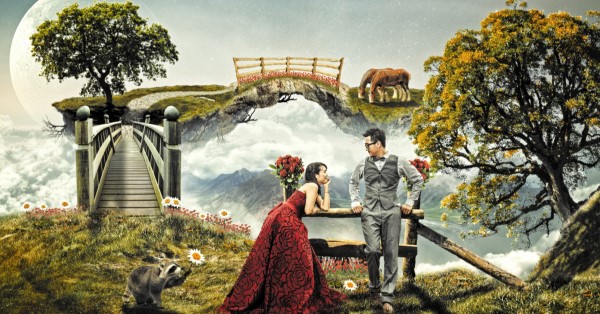 Couple in a magic landscape.